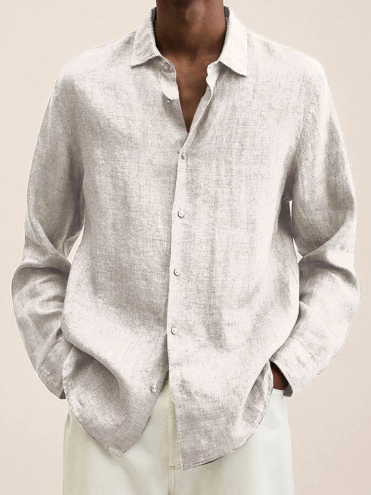 Spring Men Causal Linen Shirts Fashion Business Office Loose Lapel Long Sleeve Tops Beach Vintage Solid Color Button Clothing