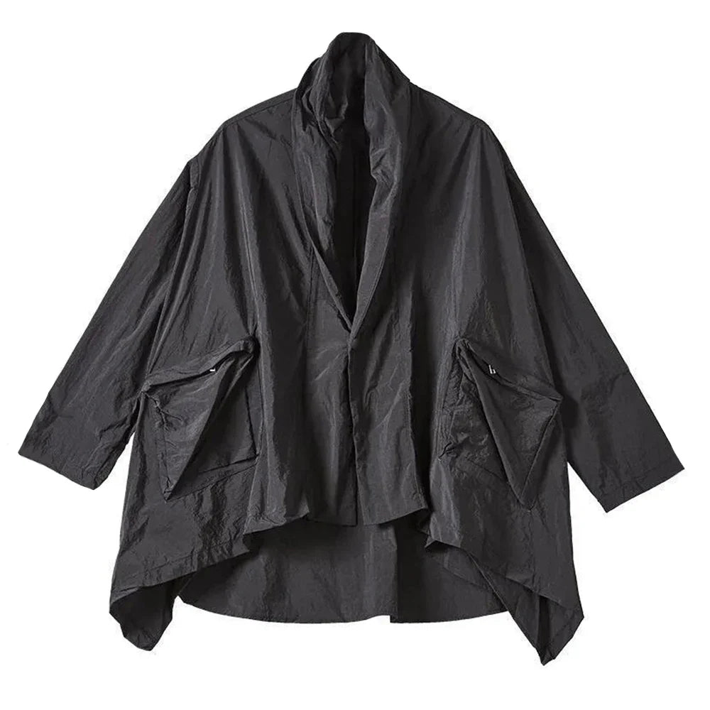 saferido Mens Japanese Irregular Hooded Windbreaker Genderless 2024 New Personalized Versatile Retro Streetwear Solid Color Jacket Unisex