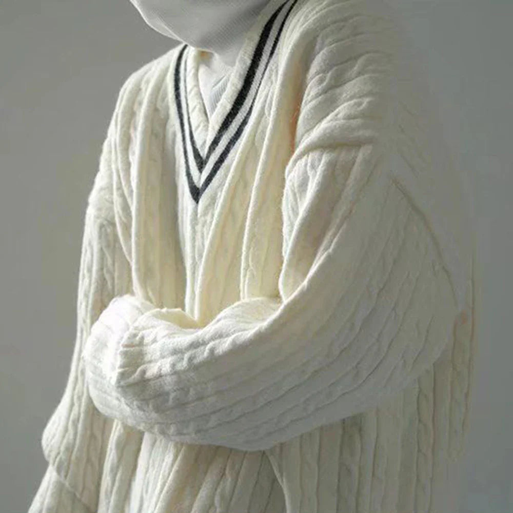saferido Mens College Style Knitted Sweater 2024 Spring New Genderless Fashion Temperament Retro Loose All-Match Knitted Sweater Unisex