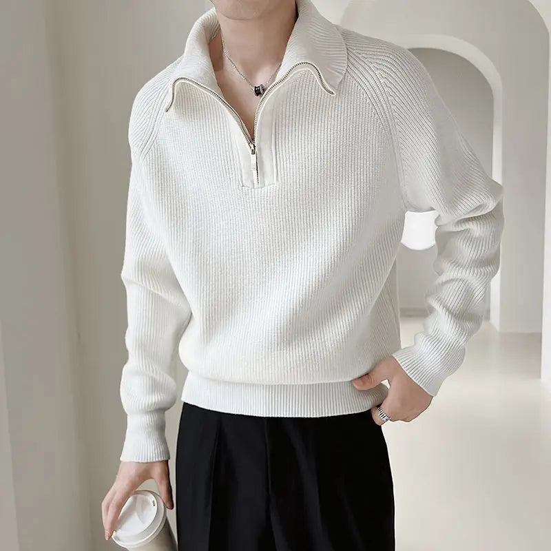 Autumn Winter Boyfriend Spliced Head Stand Collar Zipper Screw Thread Fashion Solid Loose Casual Long Sleeve Knitted Tops