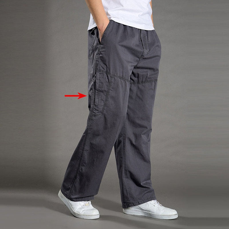 Men's Casual Trousers Cotton Overalls Elastic Waist Full Len Multi-Pocket Plus Fertilizer Men's Clothing Big Size Cargo Pants