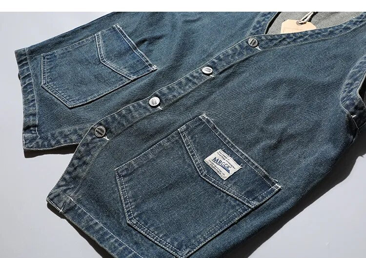 Retro Denim Vest Men Sleeveless Cargo Harajuku Style Tooling Jean Jacket Cowboy Fashion Wasitcoat Men'S Clothing