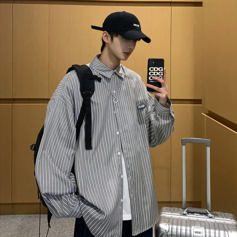 saferido Korean style casual Hawaiian shirt on long sleeve striped fashion streetwear shirts hombre shirt db60sh men's clothes