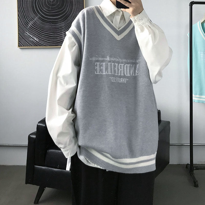 Fashion V-neck Plush College Style Mens Vintage Knitted Vest Trend Harajuku Hip Hop Casual Loose Black Couple Knitted Sweater