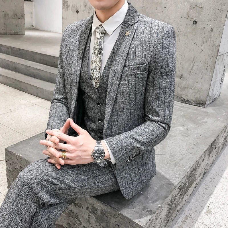 saferido Striped men's suit 3-Pieces Blazers+Pant Fashion Korean Slim Fit Casual men's tuxedo wedding men suits groom suit men's business