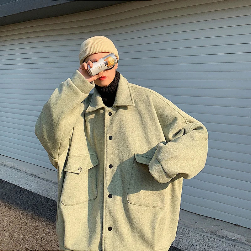 saferido Winter Thickened Short Woolen Coat Men Warm Fashion Oversized Woolen Coat Men Korean Loose Woolen Jacket Mens Overcoat M-3XL