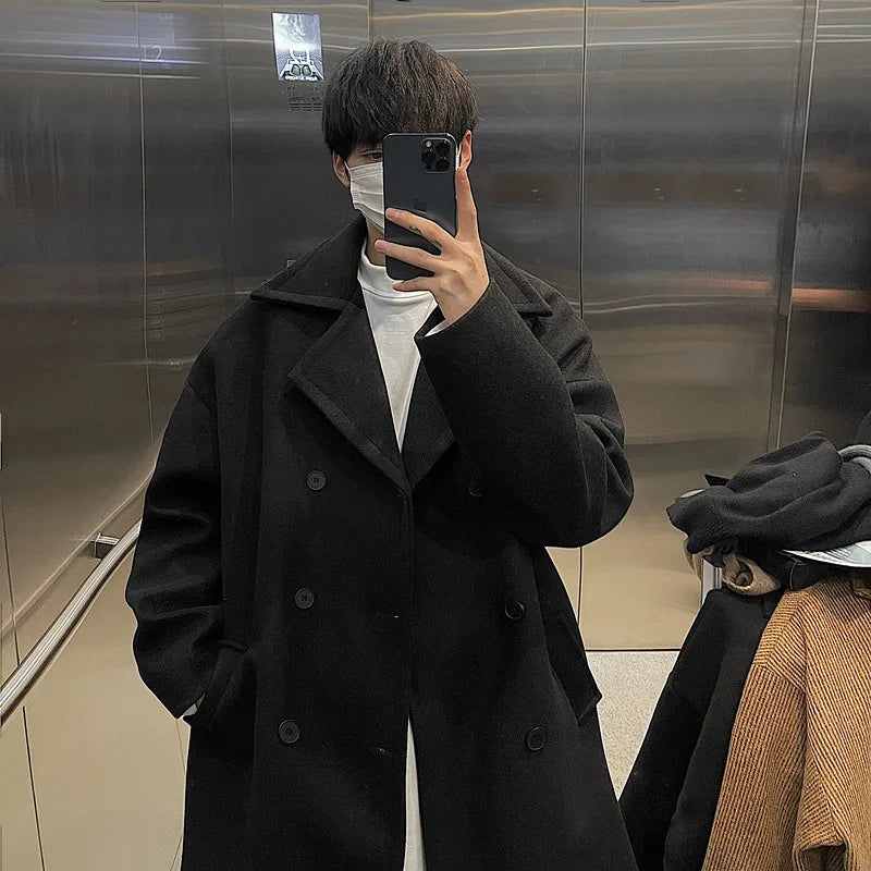 saferido Long Dust Coat Men Winter Korean-style Trench Mens Solid Double Breasted Woolen Cloth Coat Loose Casual Trenchcoat Outwear