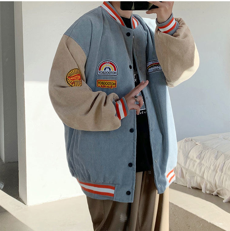 Spring and autumn corduroy jacket men's ins tide brand Harajuku style Korean style versatile handsome loose Baseball Jacket