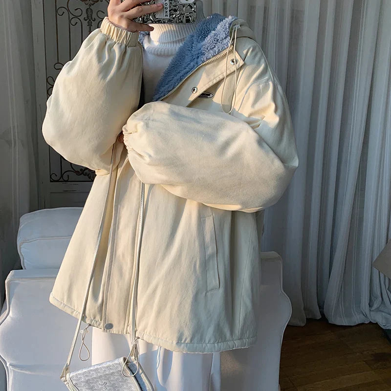saferido Winter Thick Lamb Fur Jacket Men Warm Fashion Hooded Coat Men Korean Loose Oversized Short Coat Mens Cotton Outwear Jackets
