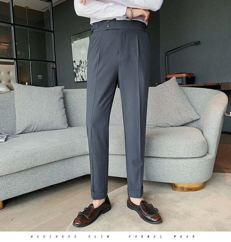 saferido        New Design Men High Waist Trousers Solid England Business Casual Suit Pants Belt Straight Slim Fit Bottoms White Clothing