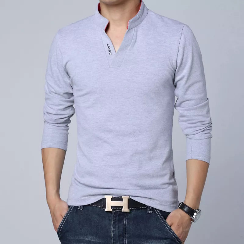 saferido T-Shirt Men Spring Cotton T Shirt Men Solid Color Tshirt Mandarin Collar Long Sleeve Top Men Brand Slim Fit Tee Shirts 5XL