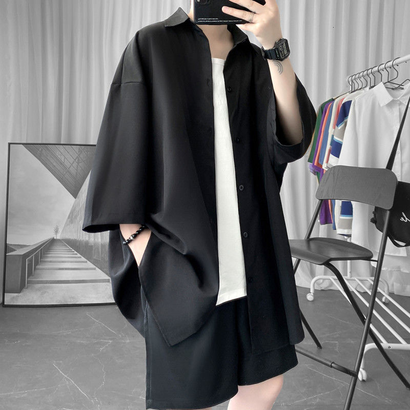 Korean Oversize Shirt Men's Fashion Summer Black White Short-sleeved Shirt Men Streetwear Loose Society Mens Dress Shirt M-2XL