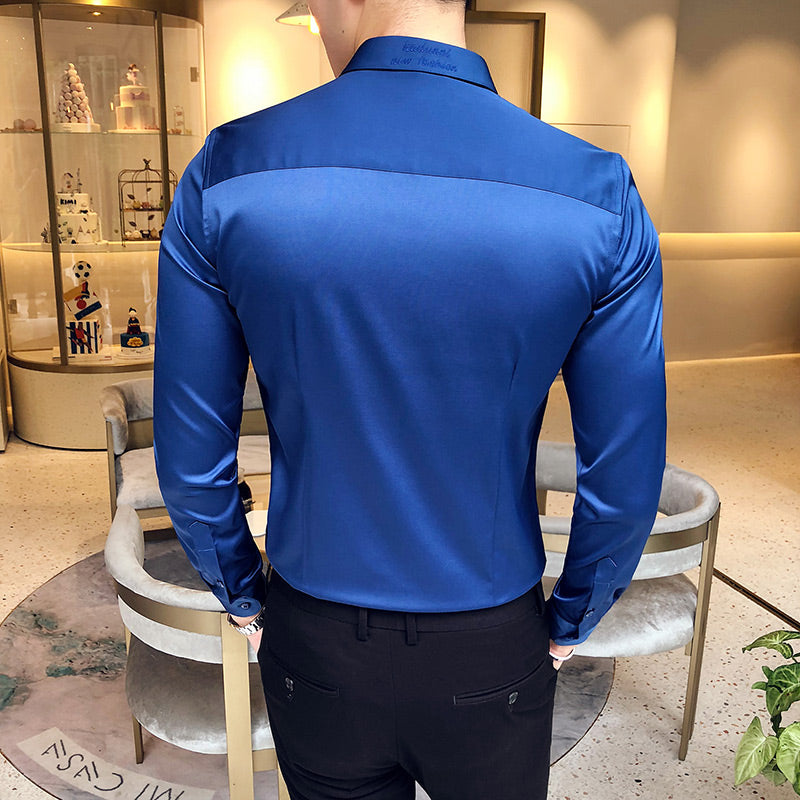Neckline Embroidery Mens Shirts Long Sleeve Casual Slim Fit Men Dress Shirts Solid Color Formal Business Social Clothing Blouse