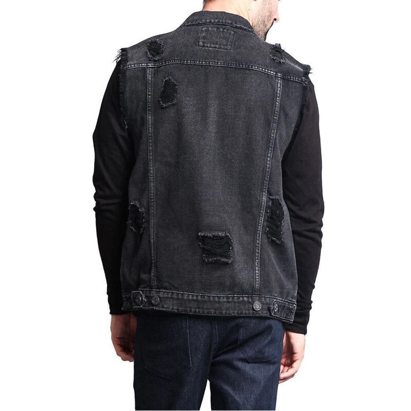 Summer Autumn Vintage Design Men's Denim Vest Male Retro Sleeveless Jackets Casual Ripped Hole Jean Waistcoats Clothing
