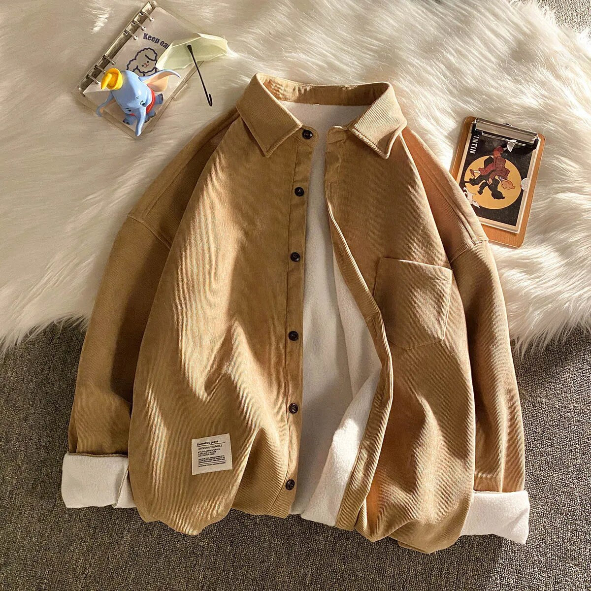 Corduroy Fleece Thicken Mens Autumn Winter Shirts Loose Warm Long Sleeve Casual Blouse Fashion Male Cardigan