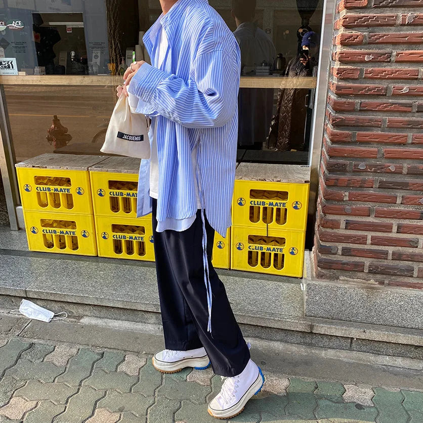 saferido Spring and Autumn new fashion casual collar shirt blue stripe Korean version loose shirt false two men long sleeves shirt