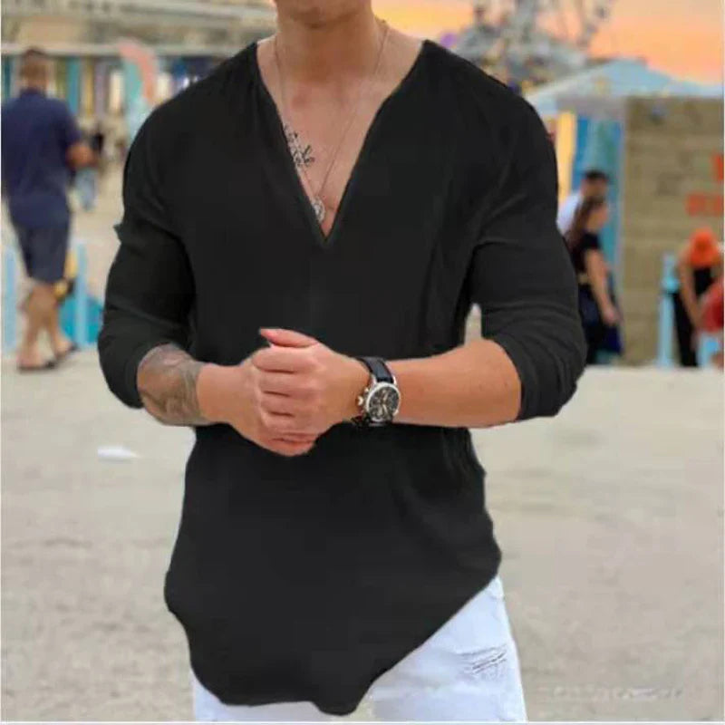 Spring Men's T-shirt V-neck Long Sleeve Sold Color Top Tee Fashion Casual Pullover T Shirt For Men Clothing New Streetwear