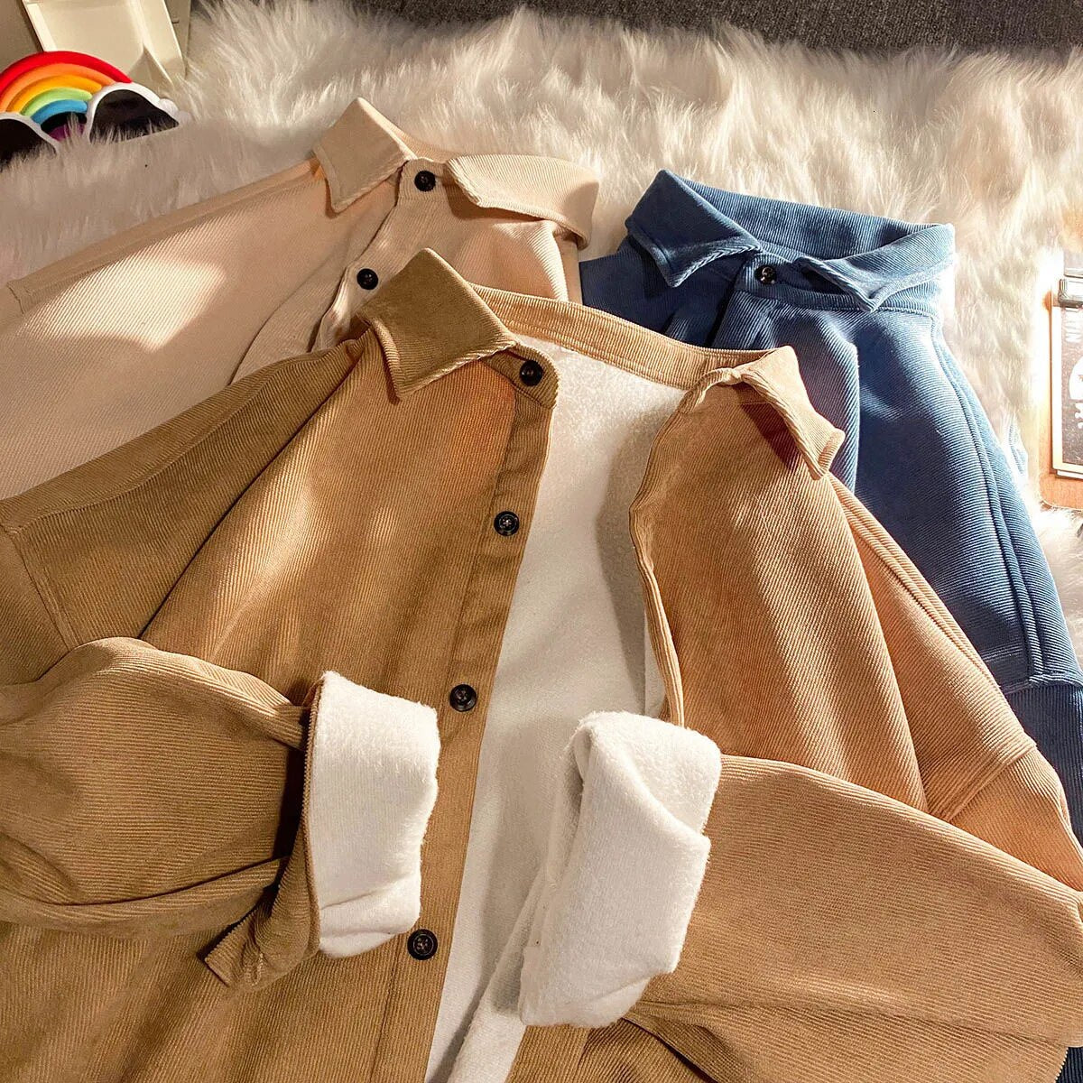 Corduroy Fleece Thicken Mens Autumn Winter Shirts Loose Warm Long Sleeve Casual Blouse Fashion Male Cardigan