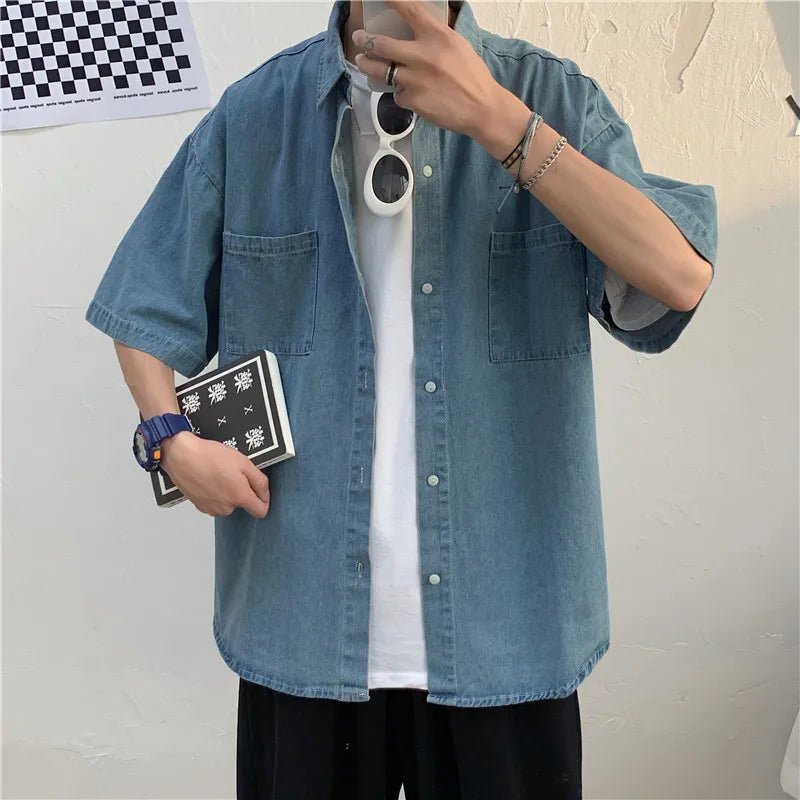 saferido Denim Shirts Male Harajuku Denim Shirt For Men Korean Oversized Casual Streetwear Short Half Sleeve Vintage Fashion