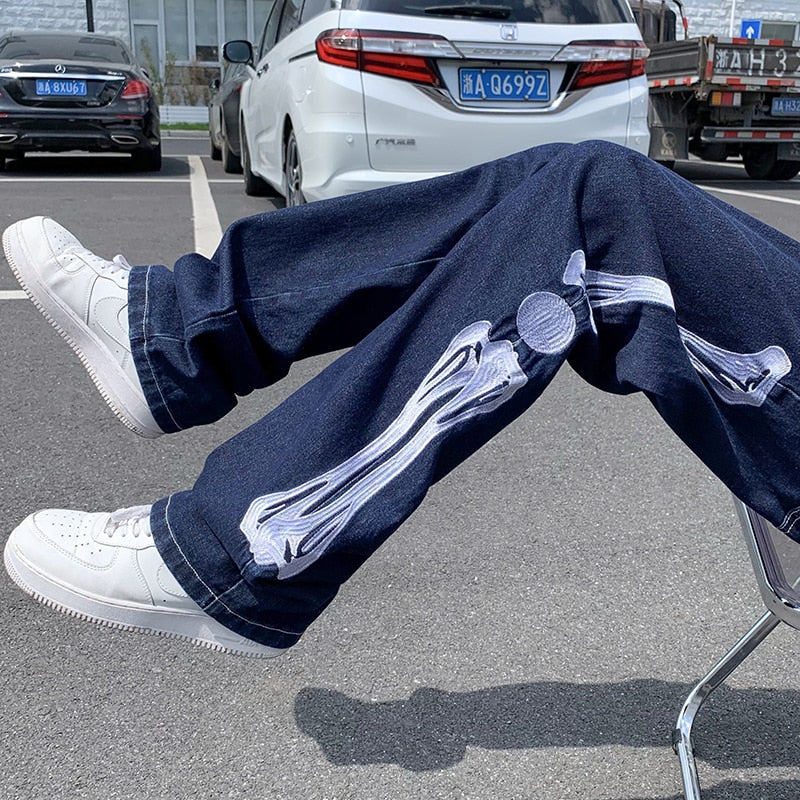 Straight Jean Pants Man Skeleton Embroidery Mopping Trousers Mens Streetwear Denim Pants Men's Clothing Jeans for Men Man Baggy