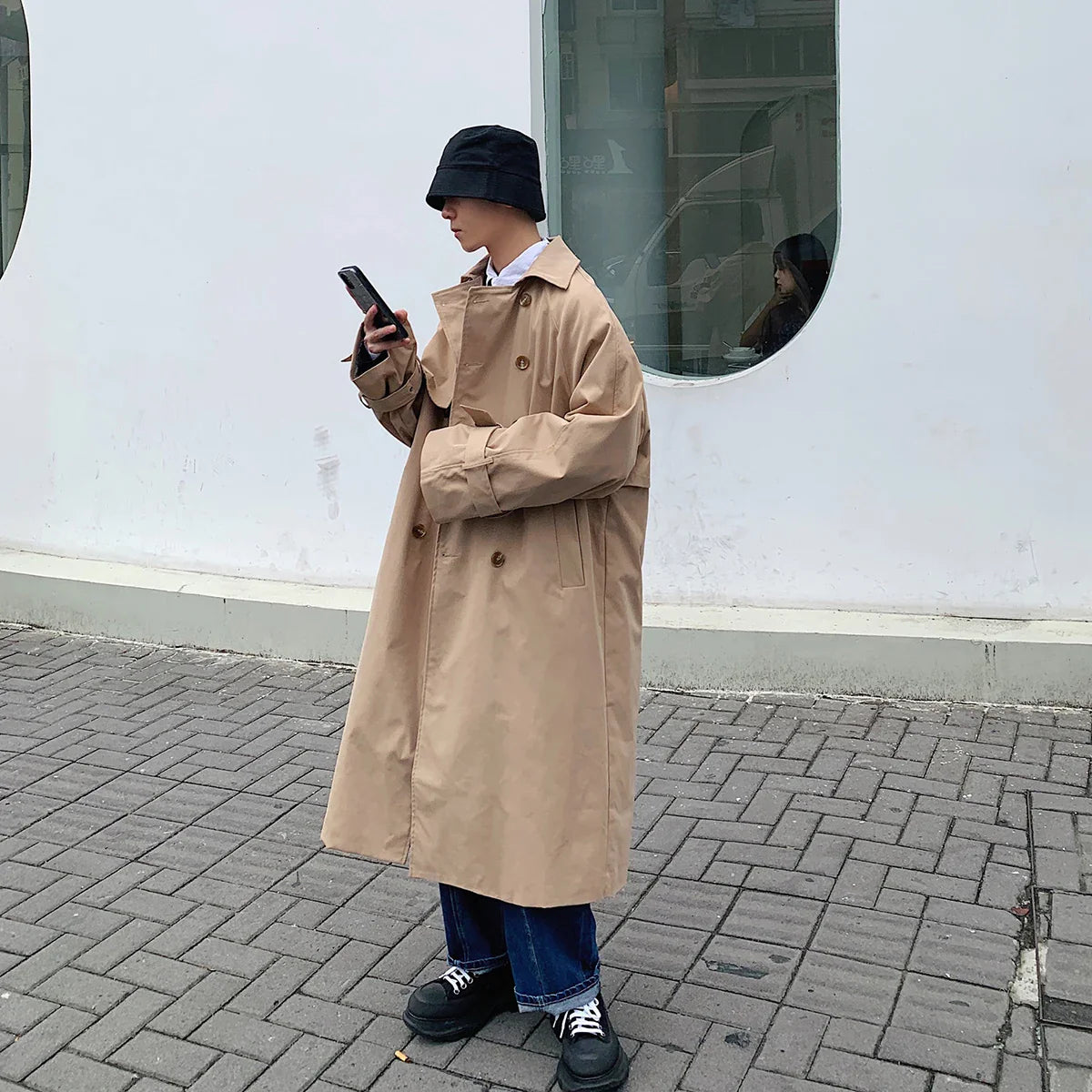 Mens Fashion Trench Coats Autumn Men Long Jacket Coats Streetwear Casual Solid Loose Trench Windbreaker Plus Size 5XL-M