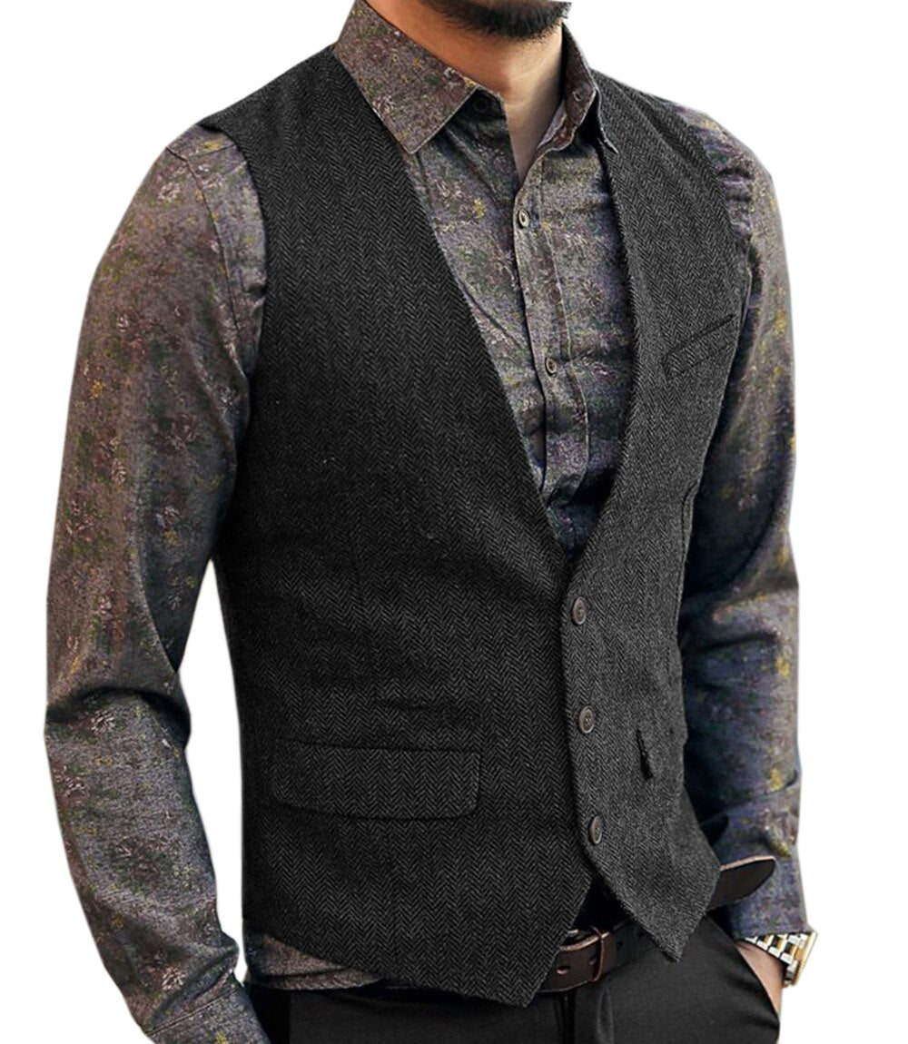 saferido Men's Vest Suit Boutique Wool Tweed Slim Fit Leisure Cotton Male Gentleman Beckham Business Waistcoat For Wedding Groomsmen