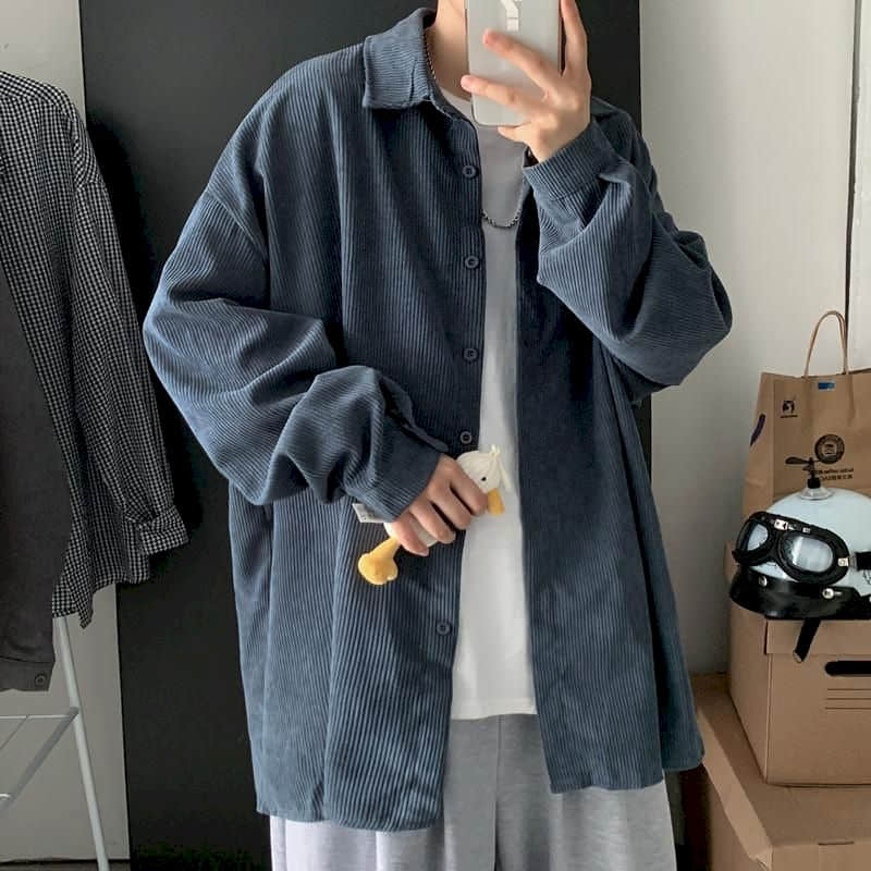 saferido Men's shirt casual Korean ruffian handsome corduroy jacket trend Harajuku all-match Hong Kong style autumn long-sleeved shirt