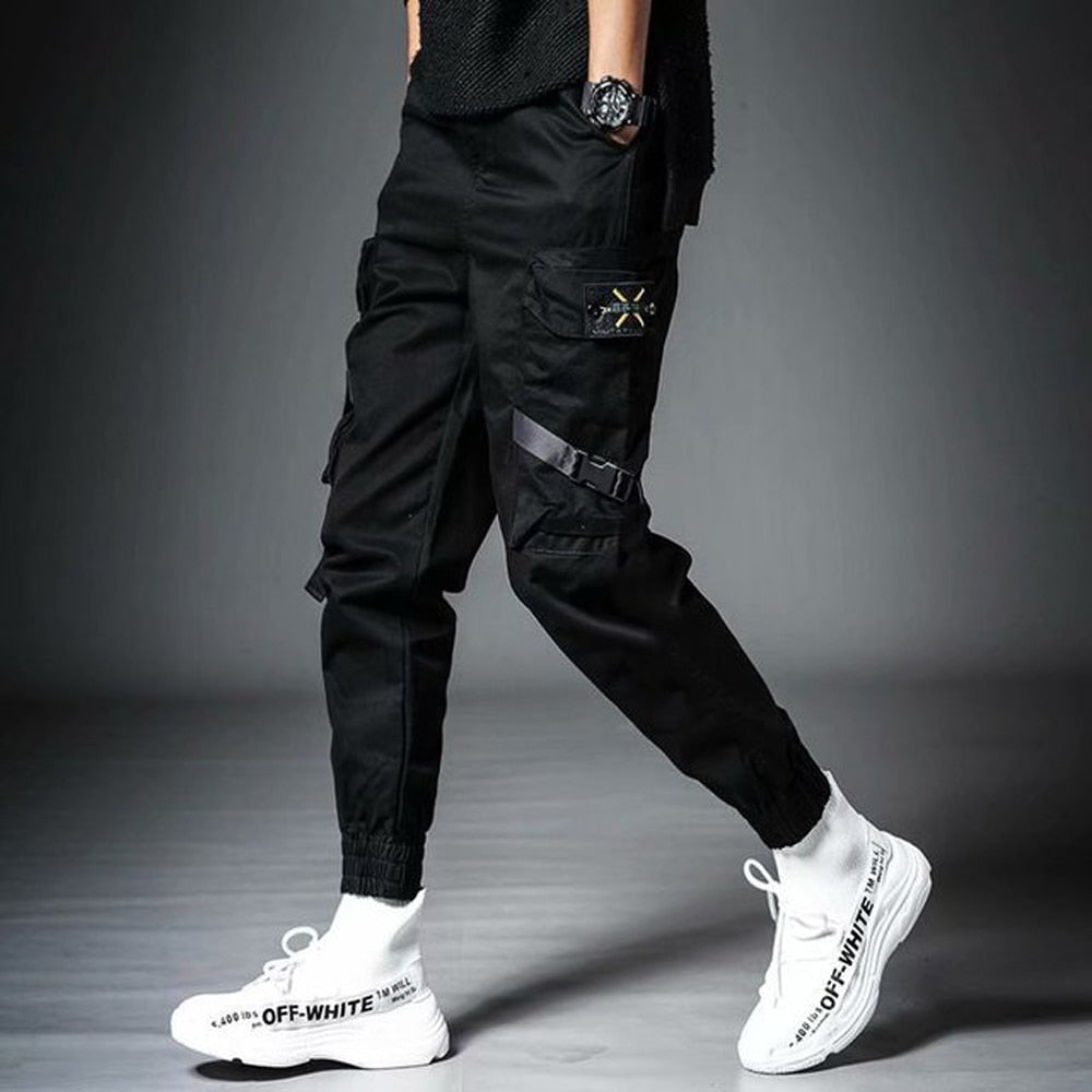 Men's Side Pockets Cargo Harem Pants Ribbons Black Hip Hop Casual Male Joggers Trousers Fashion Casual Streetwear Pants 5XL