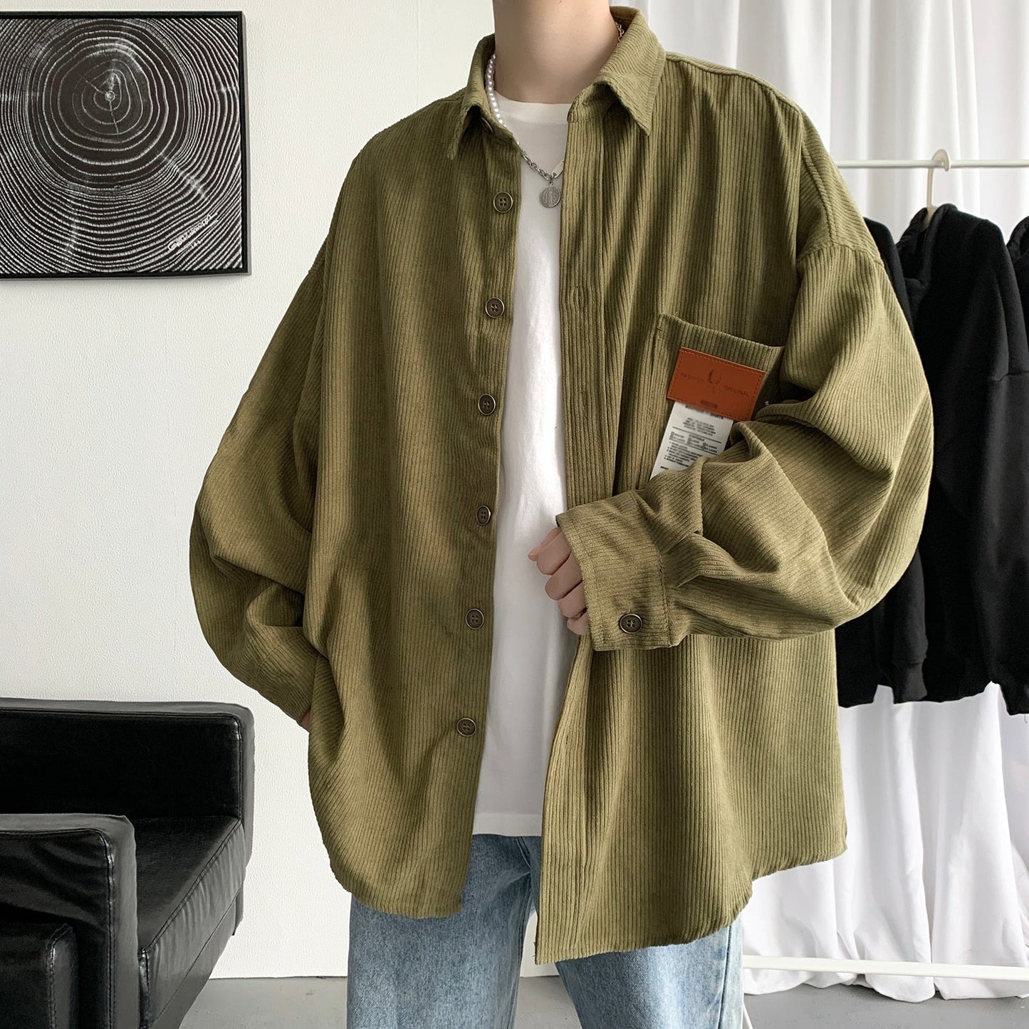 Corduroy Men Shirts For Men Clothing Harajuku Black Shirt Korean Style Men Shirt Long Sleeve Vintage Clothes Streetwear 3XL