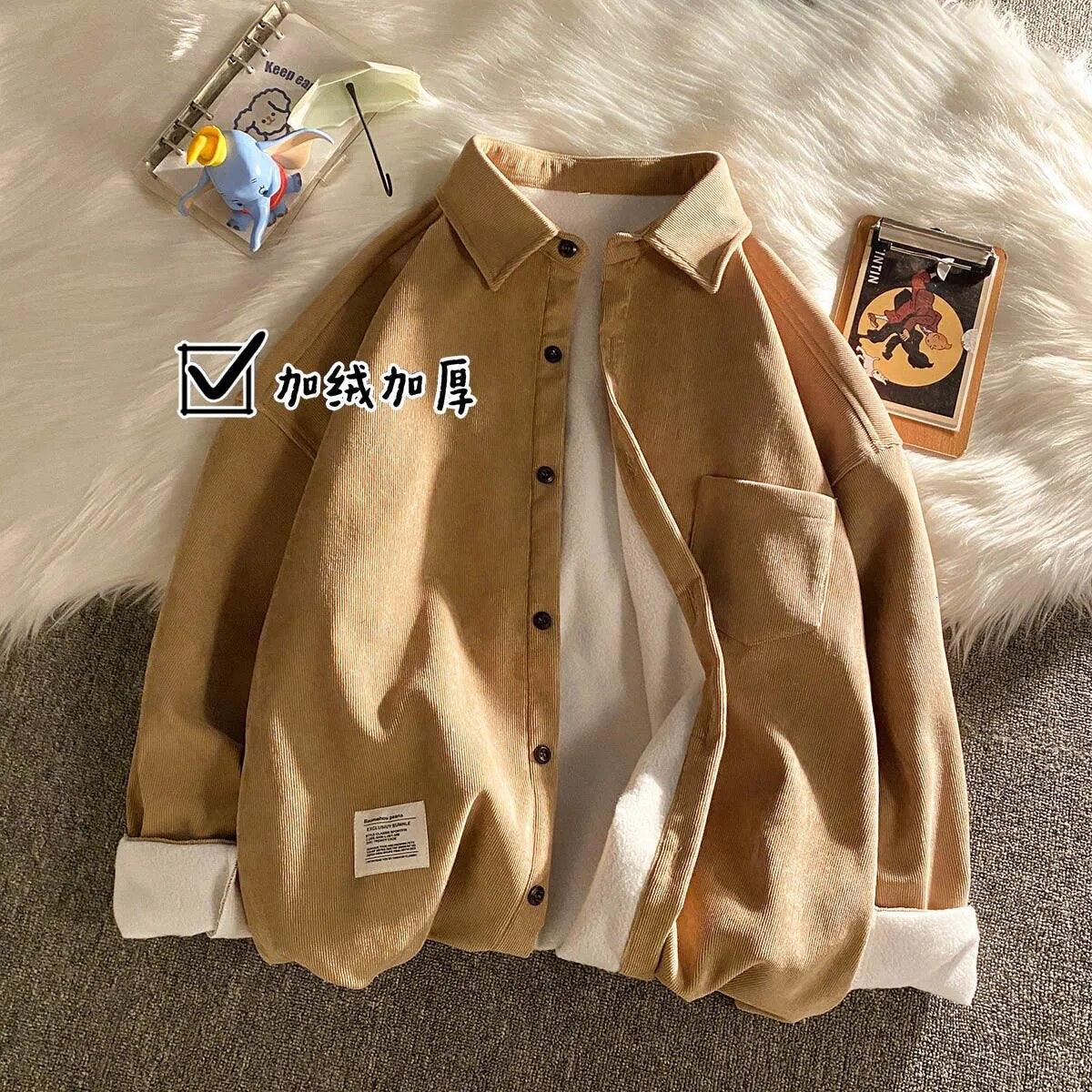 Corduroy Fleece Thicken Mens Autumn Winter Shirts Loose Warm Long Sleeve Casual Blouse Fashion Male Cardigan