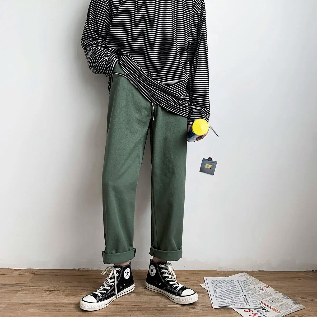 saferido Korean Style Men's Solid Color Casual Pants Fashion Trend Yellow Straight Pants Popular Loose Streetwear Trousers M-3XL