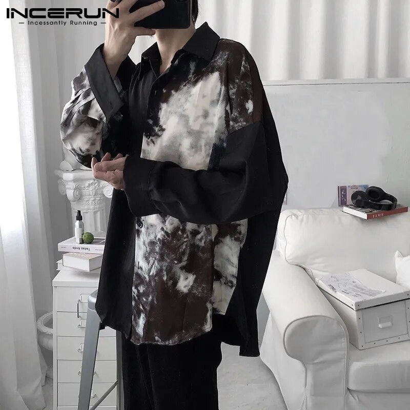 Men Casual Shirt Spring Print Patchwork Lapel Long Sleeve Streetwear Tops Korean Loose Fashion Shirts Camisas 5XL INCERUN