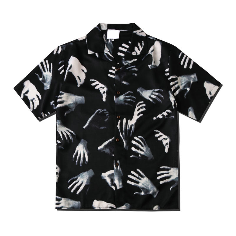 Harajuku Men Shirts Black Flower Print Short Sleeve Single Breasted Loose Shirt Hip Hop Beach Casual Streetwear Unisex