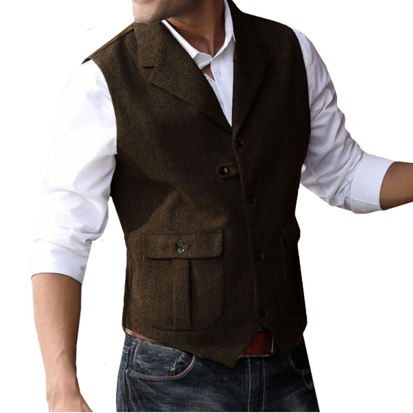 Men's 5 Button Herringbone Tweed Tailored Collar Suit Vest 2 Pockets Casual Victorian Style