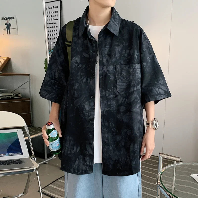 saferido HIP HOP Tie dyed ice silk 5-sleeve shirt men's spring summer ins design couple minority half sleeve drape shirt camisa masculina