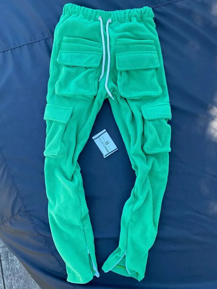 Men Oversized Cargo Pants Streetwear Long Step Pants Solid color wool three-dimensional Pockets Slim Panelled Warm trousers male