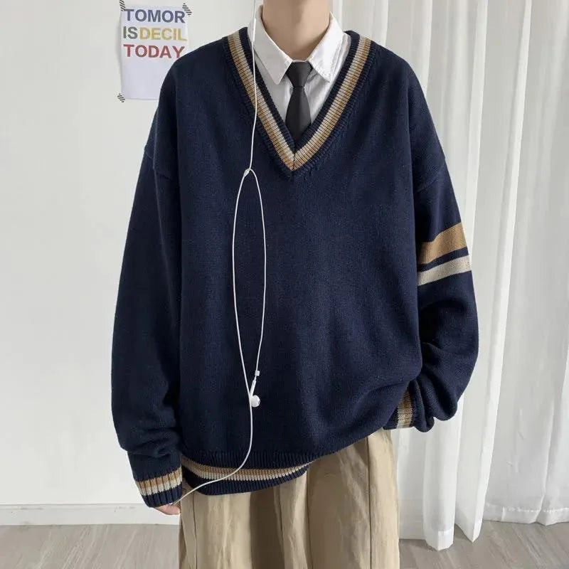 saferido Spring Autumn DK Uniform Sweater Men's Preppy Style V-neck Pullover Thick Navy Blue Cotton Winter Fashion Men Warm Clothes Coat