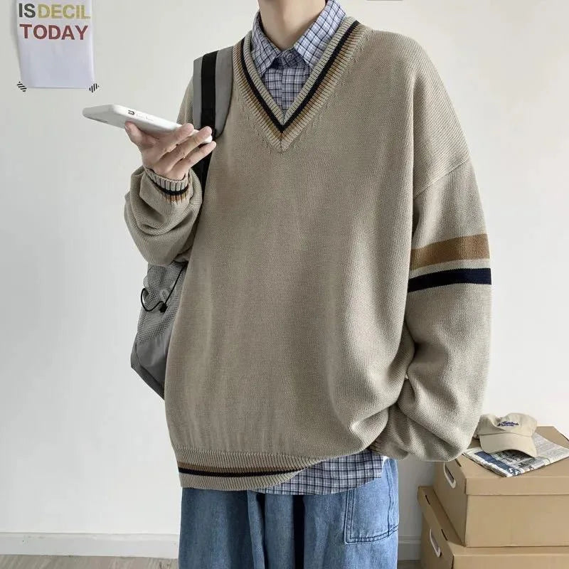 saferido Spring Autumn DK Uniform Sweater Men's Preppy Style V-neck Pullover Thick Navy Blue Cotton Winter Fashion Men Warm Clothes Coat