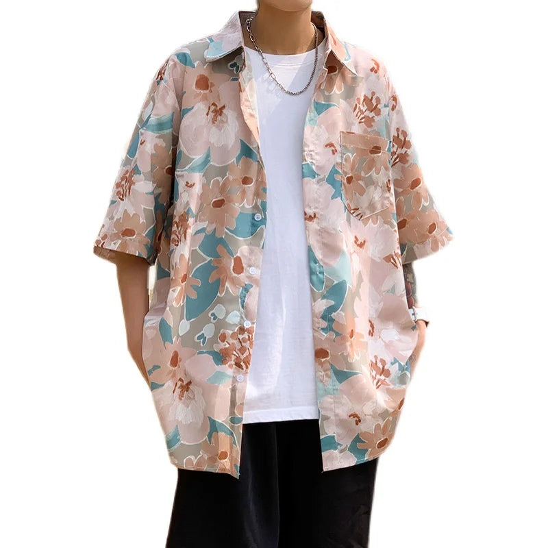 saferido shirt men's couple's Hawaiian Flower short sleeve coat fashion Korean summer quarter sleeve harajuku shirts for men