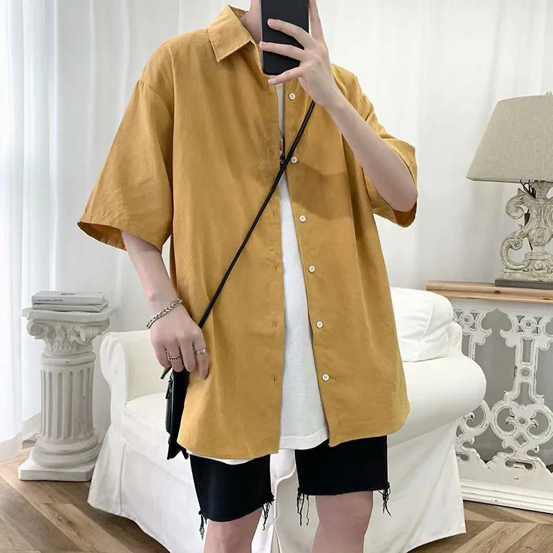 saferido Summer HIP HOP loose short sleeve shirt Korean solid color 5 / 5 sleeve shirt student fashionable and handsome inch coat shirts