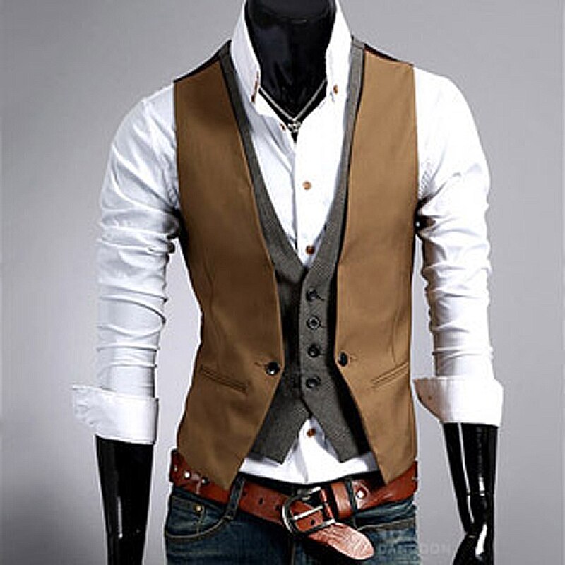 Fake Two Piece Mens Suit Vest Slim Casual Business Gentlemen Men Waistcoat Groomman Wedding Mens Gilet Oversized Steampunk Vests