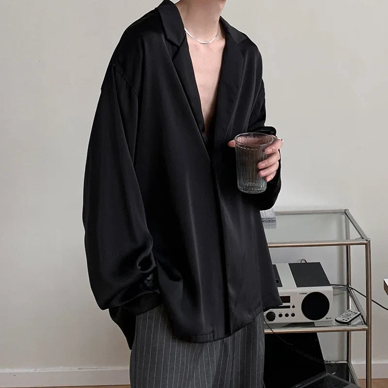 Summer Black White Silk Blazer Men's Fashion Business Society Mens Suit Jacket Korean Loose Casual Dress Jacket Men M-XL