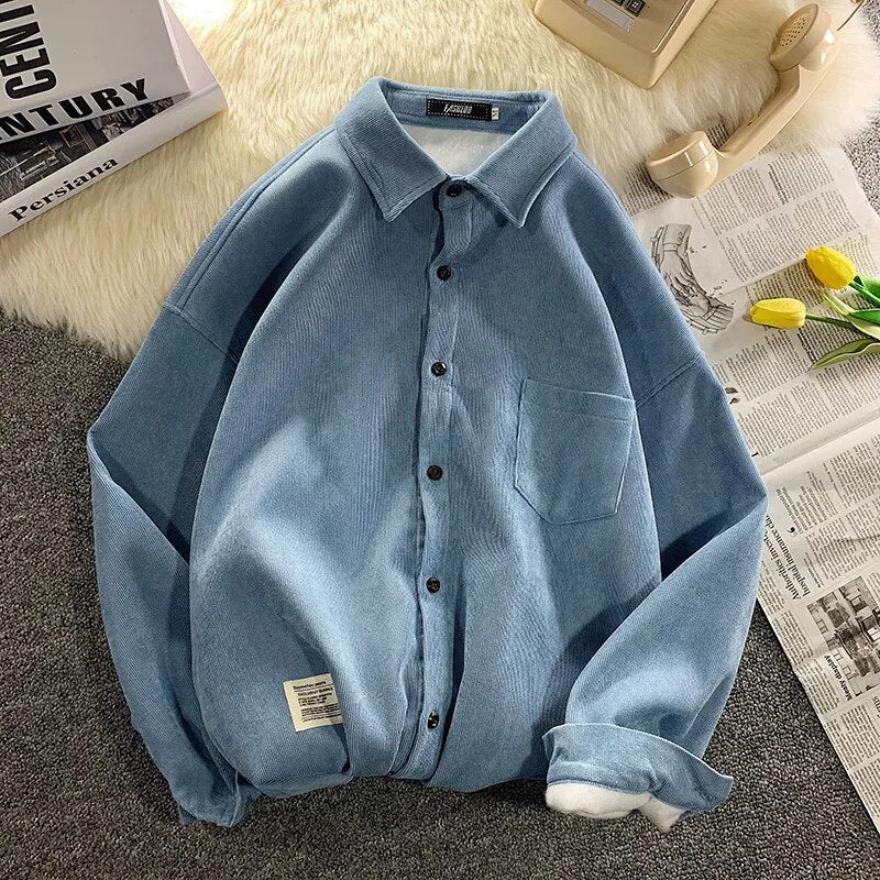 Corduroy Fleece Thicken Mens Autumn Winter Shirts Loose Warm Long Sleeve Casual Blouse Fashion Male Cardigan