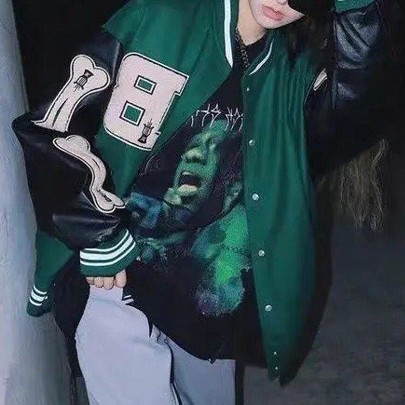 saferido Men Baseball Jacket Hip Hop Harajuku Embroidery Bone Letter Patchwork Bomber Coat Fashion High Street Casual Loose Jacket Unisex