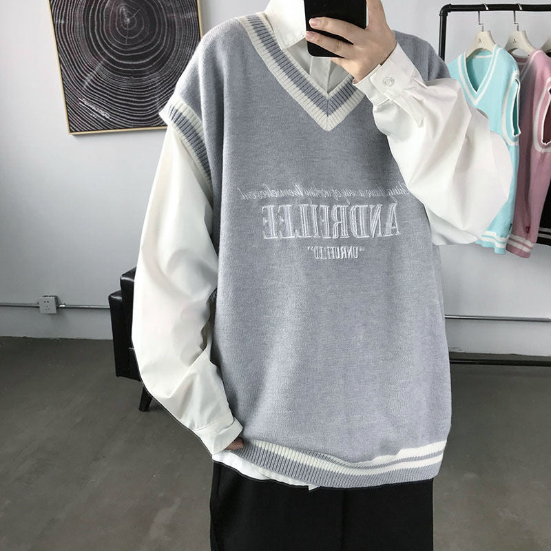 Fashion V-neck Plush College Style Mens Vintage Knitted Vest Trend Harajuku Hip Hop Casual Loose Black Couple Knitted Sweater