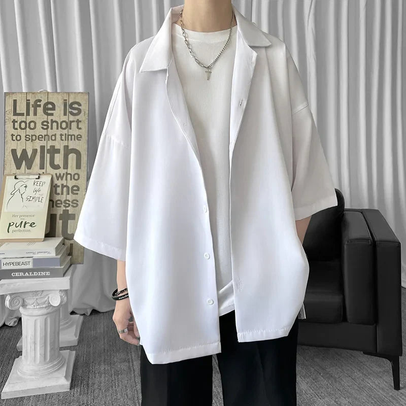 saferido Solid Color Oversized Men's Shirts Harajuku Men Casual Half Sleeve Shirt Tops Cool Summer Streetwear Man Blouse 6 Colors