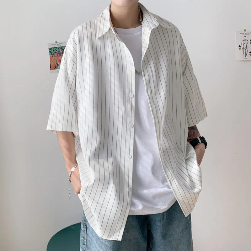 saferido Ruffian handsome black collared shirt men's summer casual loose Vertical Stripe shirt Short Sleeve Korean fashion handsome coat