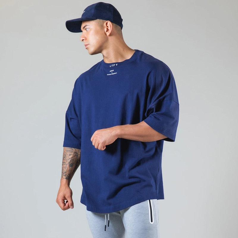 New Summer Running Oversized T-Shirt Men's Gym Bodybuilding Fitness Loose Casual Cotton Short Sleeve Men's Street Sports T-Shirt