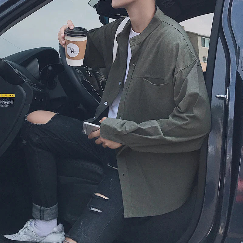 saferido Spring and autumn new pure color shirt, men's loose long sleeve shirt, Korean fashion, spring clothes, cool casual and versatile