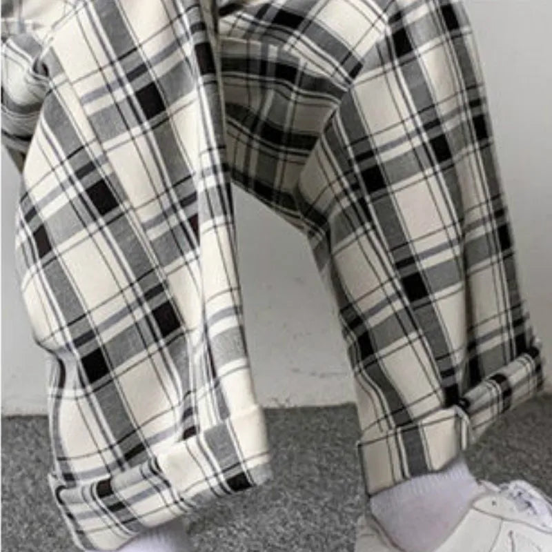 Men Pants Plaid Loose Comfortable Retro Casual All-match Elastic Waist Chic Wide Leg Trousers Fashion Streetwear Korean Style